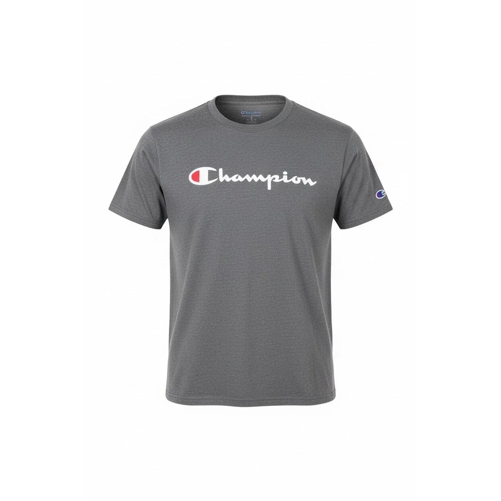 Champion Mens Graphic T-Shirt Charcoal Heather Gray Script Logo GT23H AE9 Size M - Picture 1 of 6